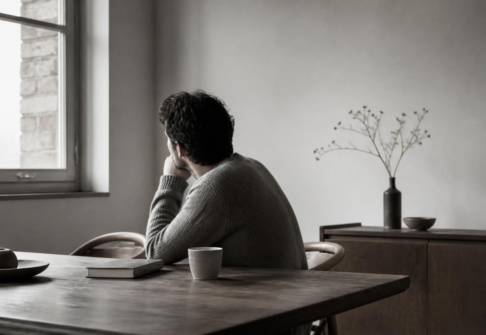 Quiet interior with a man sitting at a wooden table beside a window, a book and a cup