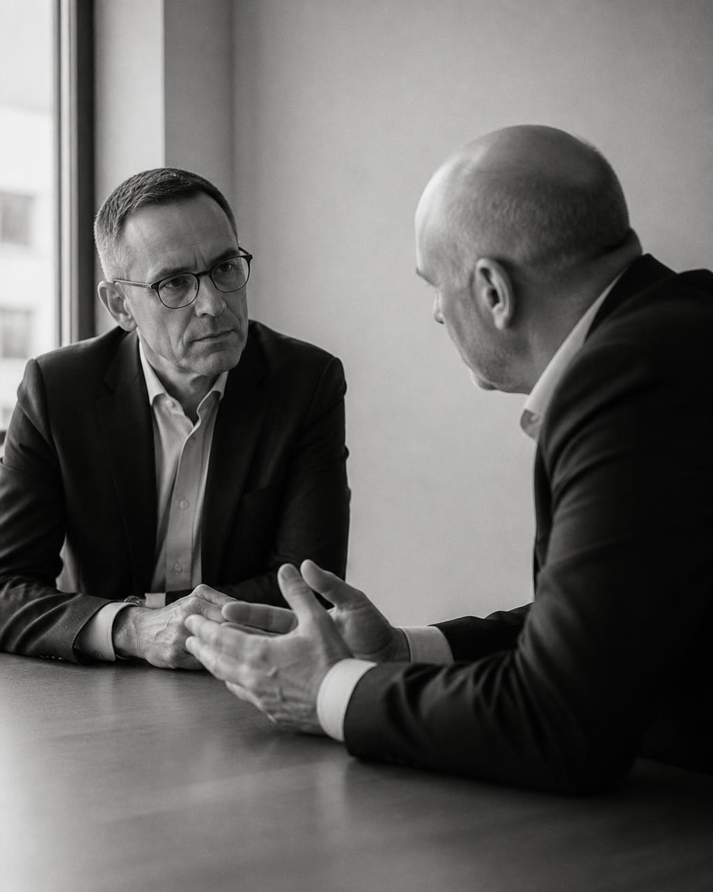 Two executives in a quiet working conversation across a table in a minimal room