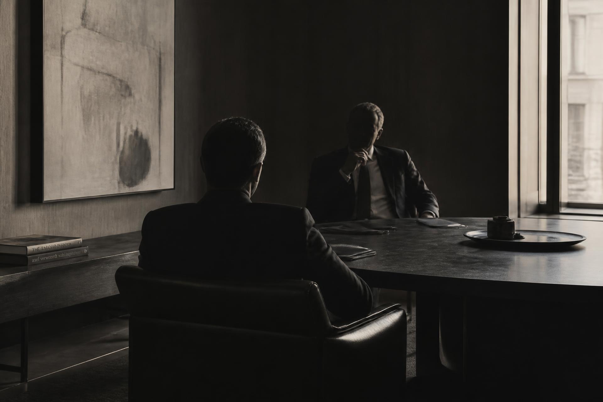 Two executives in a quiet private conversation across a dark table beside a tall window