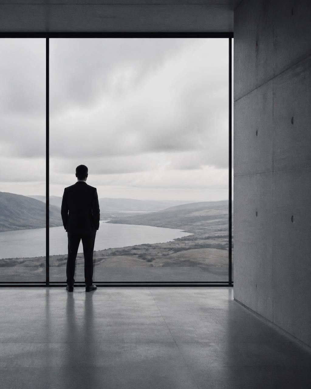 A man standing alone at a tall window of a concrete building, looking out over a wide quiet landscape