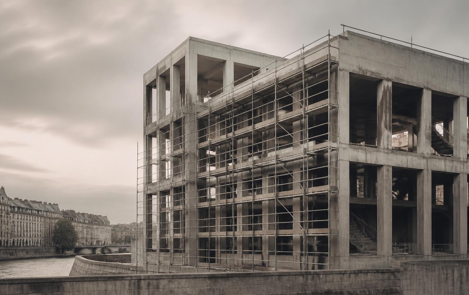 A concrete building under transformation beside a European riverbank on an overcast day