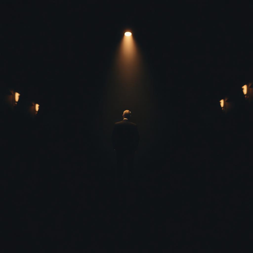 A speaker in a dark suit on a dimly lit theater stage, standing alone under a single warm light before a large audience