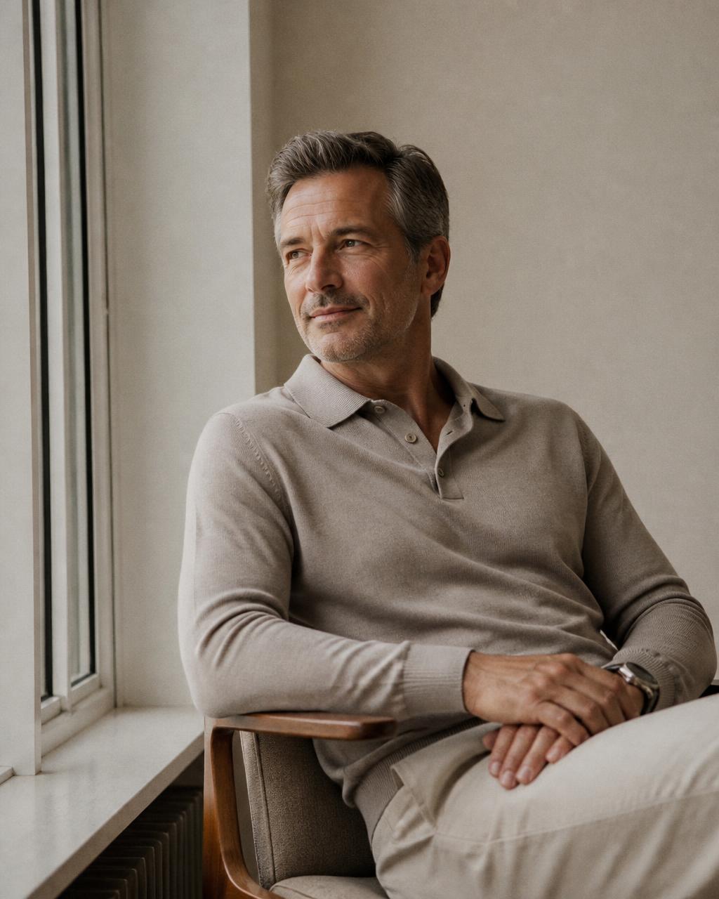 Manuel Serrano Ortega seated by a window in natural light, wearing a fine-knit polo, looking away from the camera with a relaxed expression