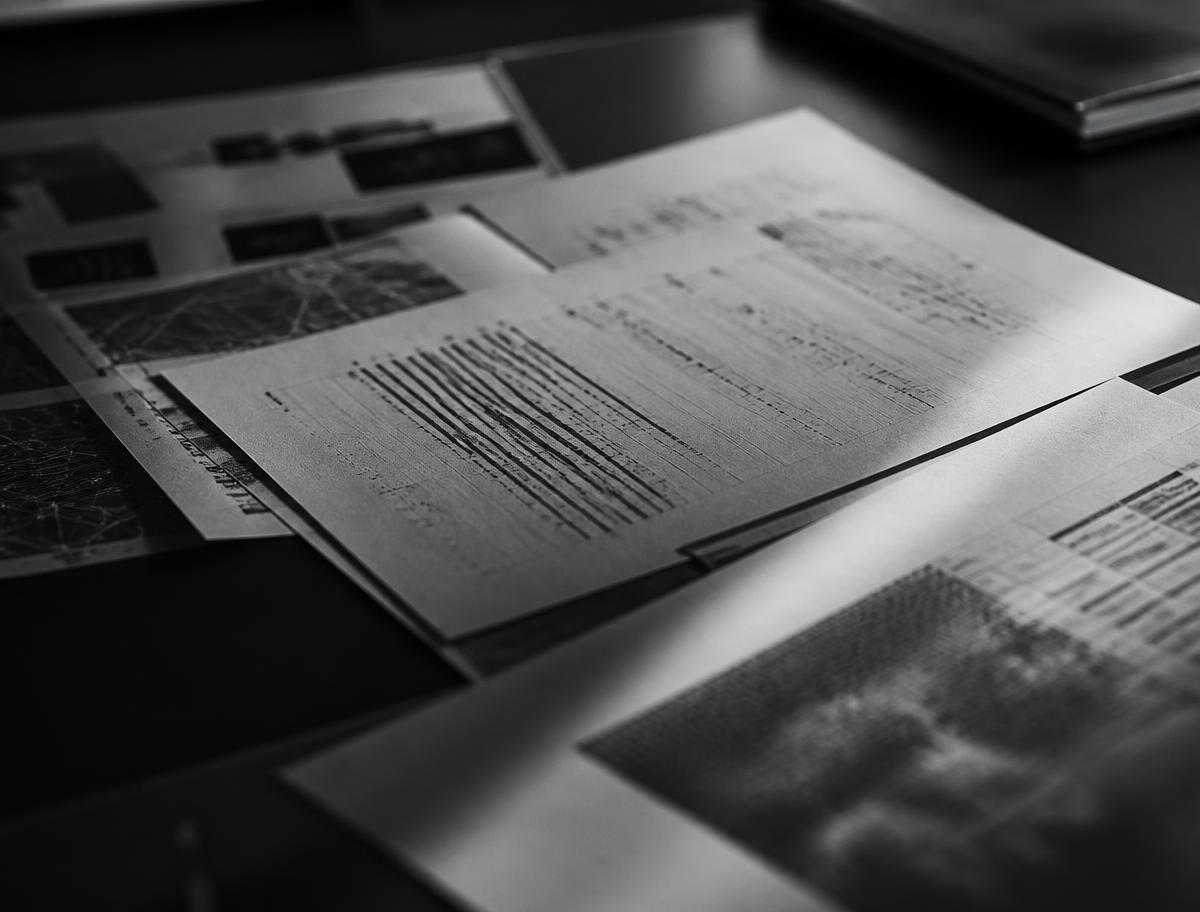 Research documents and signal maps spread across a dark table under raking light