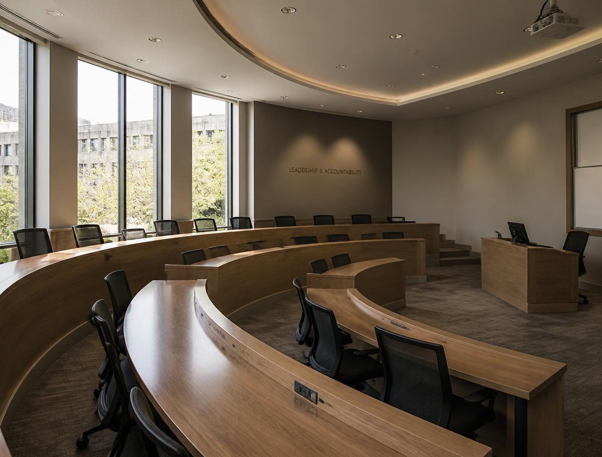 Empty curved executive seminar room lit by daylight