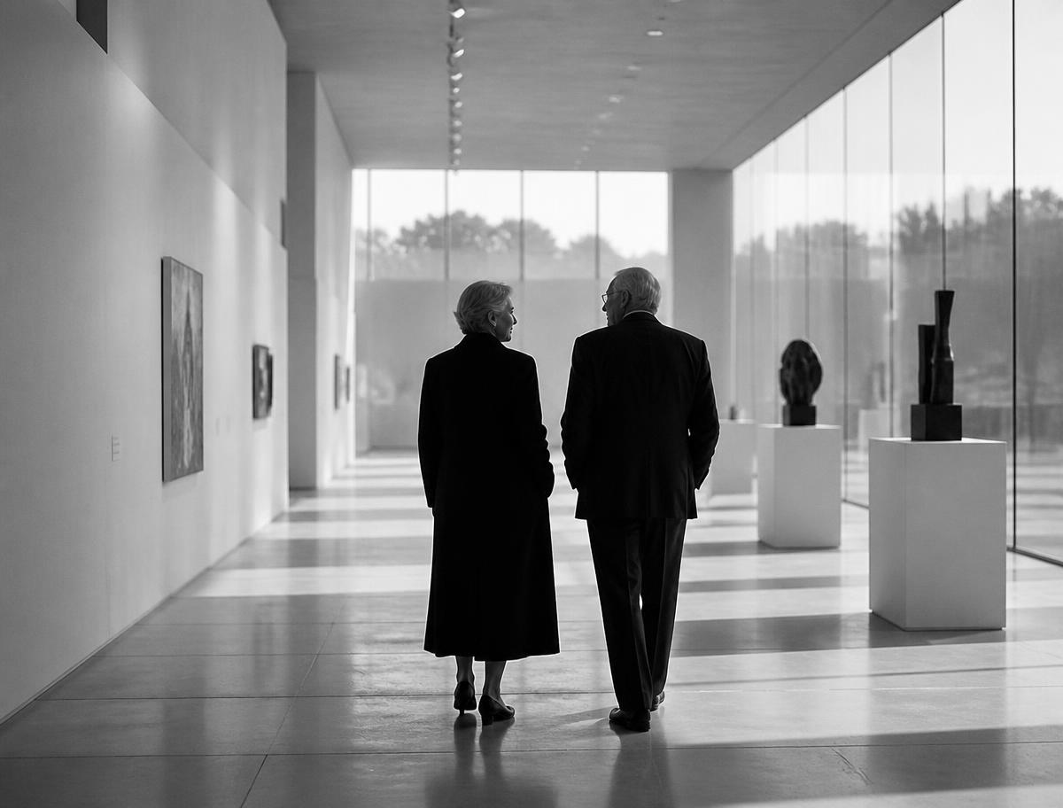 Two older people walking together through a minimal sunlit gallery